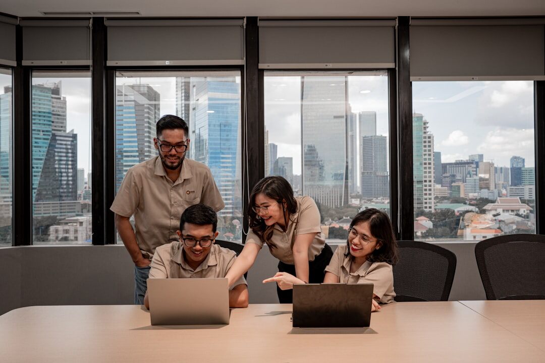 News team collaborating in a modern office